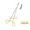 Heaney needle holder, curved gynecological needle driver, 21 cm with tungsten carbide jaws and gold plated finger rings