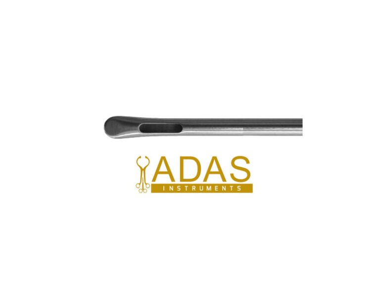 Photograph of the tip of an Adas Instruments spatula liposuction cannula showing the single side port