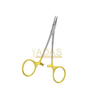Par Needle Holder Tungsten Carbide with delicate serrated jaws and gold-plated handles.