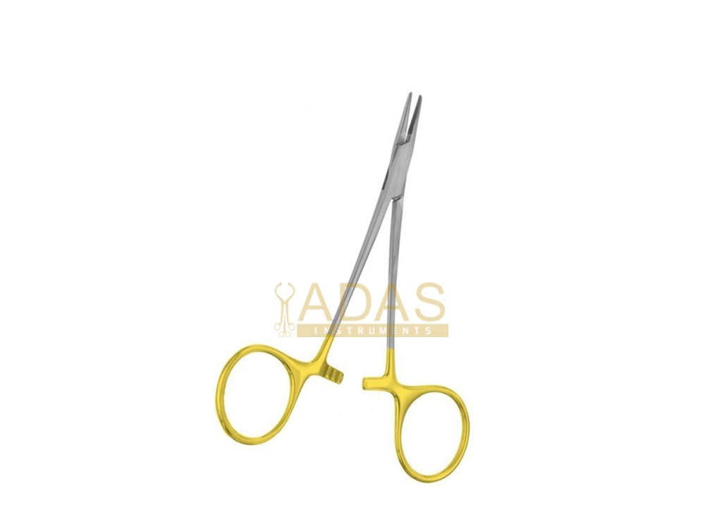 Par Needle Holder Tungsten Carbide with delicate serrated jaws and gold-plated handles.