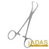 Backhaus towel clamp with two curved perforating points that cross and interlock as the jaws close