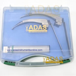 McCoy Fiber Optic Flex Tip Laryngoscope Set in a plastic box featuring Size #2 and #3 blades and a battery handle in box