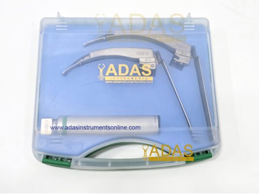McCoy Fiber Optic Flex Tip Laryngoscope Set in a plastic box featuring Size #2 and #3 blades and a battery handle in box