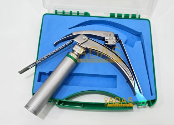 McCoy Fiber Optic Flex Tip Laryngoscope Set in a plastic box featuring Size #2 and #3 blades and a battery handle