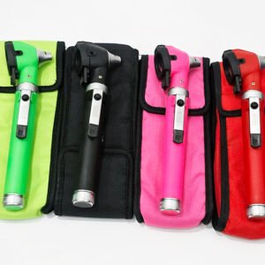 Mini plastic body fiber optic otoscope with color full pouch and 10 plastic cannula and pouch