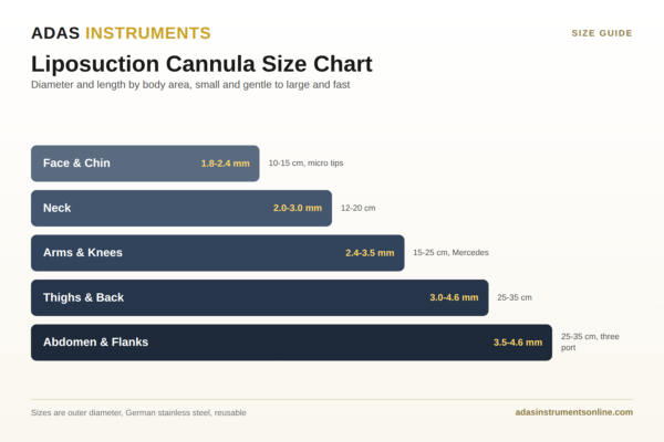 Liposuction cannula size chart: diameter and length by body area
