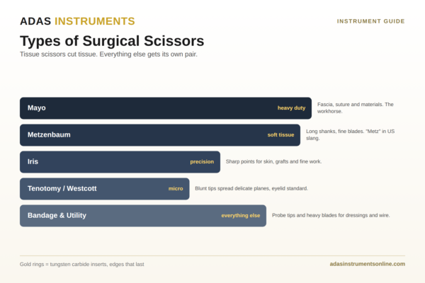 Types of surgical scissors chart: Mayo, Metzenbaum, iris, tenotomy, bandage