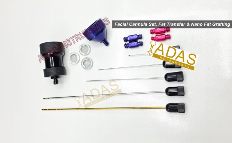 Photograph of the Adas Instruments facial cannula set for fat transfer, with fine luer lock cannulas, transfer connectors and a nano fat filter