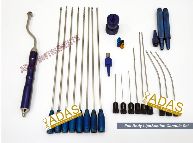 Photograph of the Adas Instruments full body liposuction cannula set laid out with threaded cannulas, adaptor handles and a large suction handle