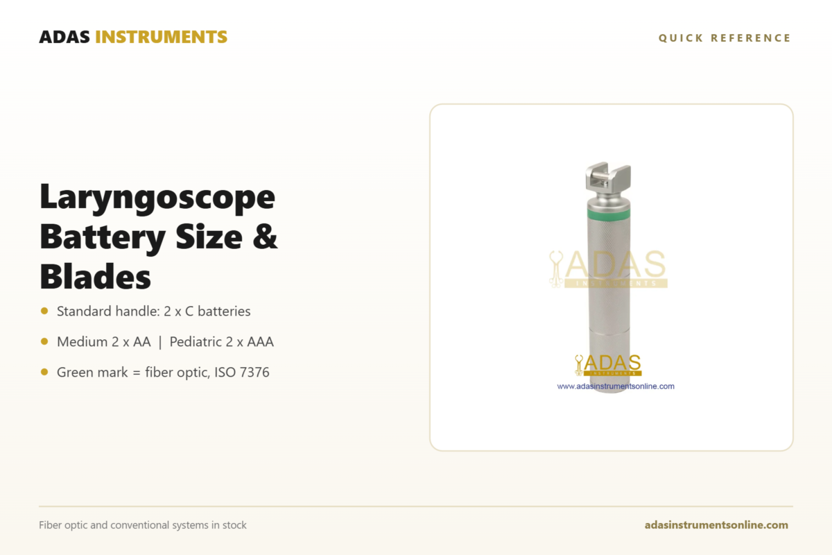 Laryngoscope battery size chart with Adas fiber optic battery handle: C, AA and AAA by handle type