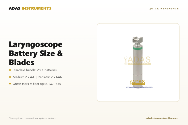 Laryngoscope battery size chart with Adas fiber optic battery handle: C, AA and AAA by handle type