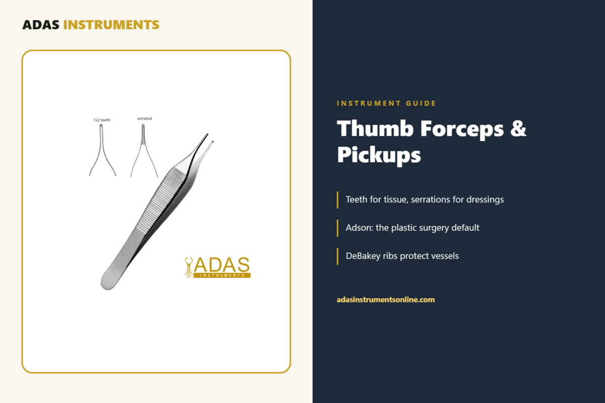Adas Adson thumb forceps, the surgical pickups guide cover with tip patterns