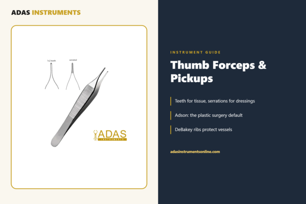 Adas Adson thumb forceps, the surgical pickups guide cover with tip patterns