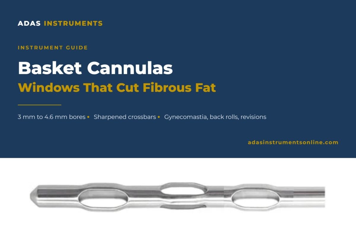 Basket cannula liposuction tip from Adas Instruments, showing three open side windows with sharpened crossbars for fibrous fat