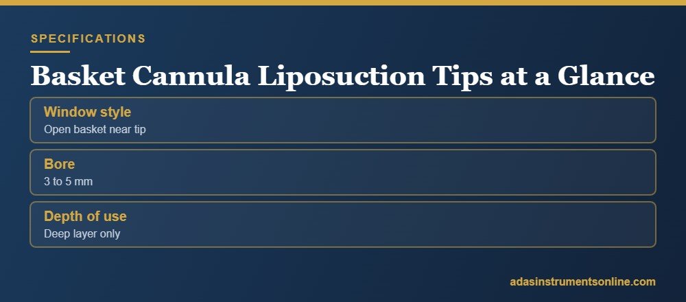 Specification card headed Basket Cannula Liposuction Tips at a Glance, listing window style, bore, depth of use