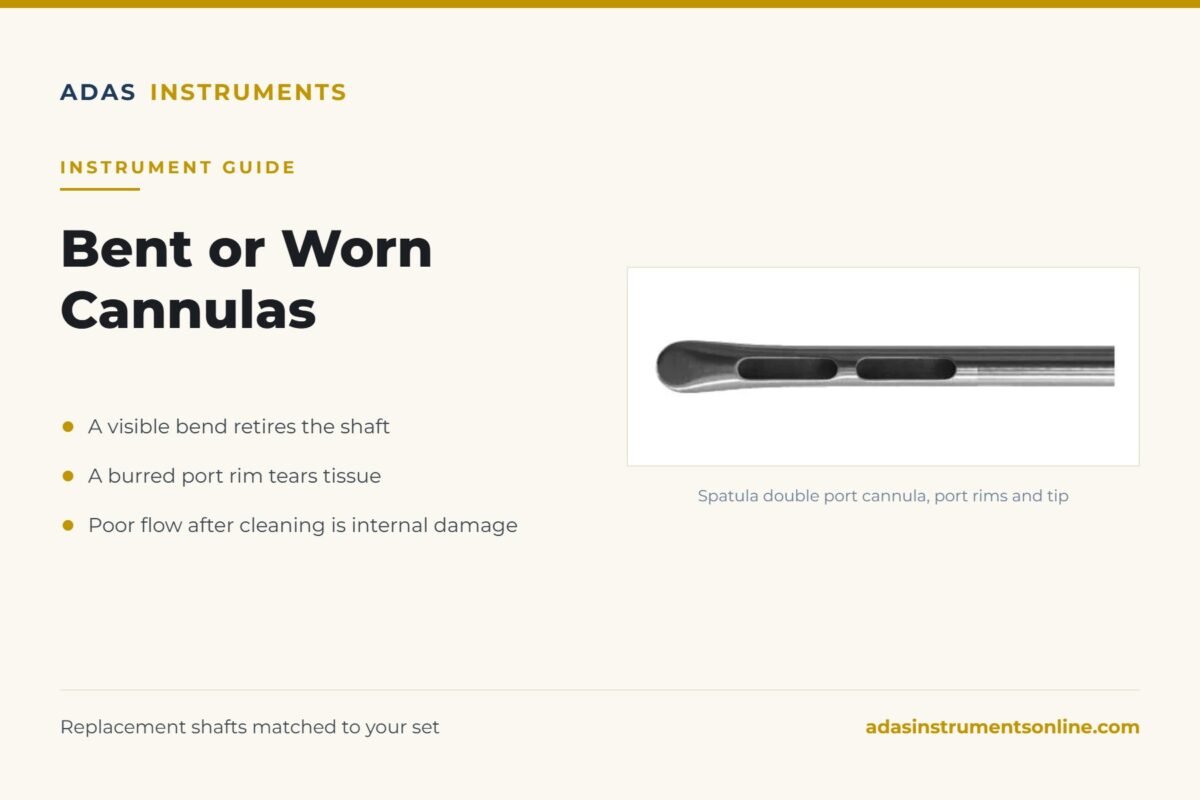 Bent cannula inspection card from Adas Instruments showing a spatula double port liposuction cannula tip beside three retirement checks