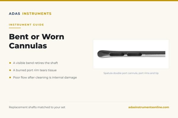 Bent cannula inspection card from Adas Instruments showing a spatula double port liposuction cannula tip beside three retirement checks