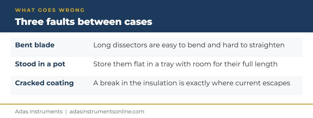 Breast augmentation instruments faults card: bent blade, stored upright, cracked insulation