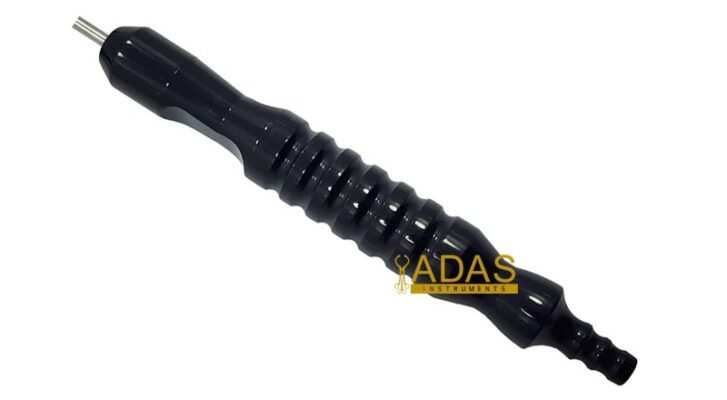 Photograph of an Adas Instruments fix handle, the ribbed black aluminium handle used on fix handle liposuction cannulas