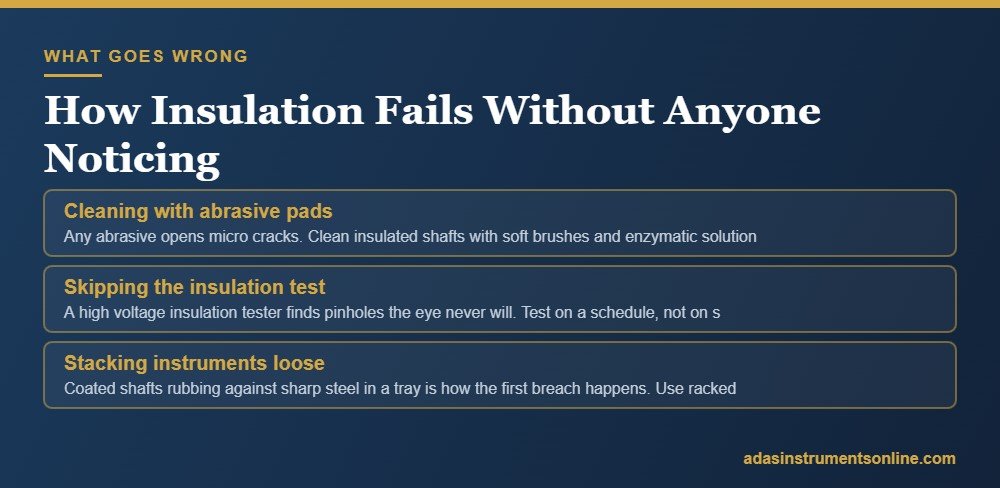Card listing common mistakes: cleaning with abrasive pads, skipping the insulation test, stacking instruments loose