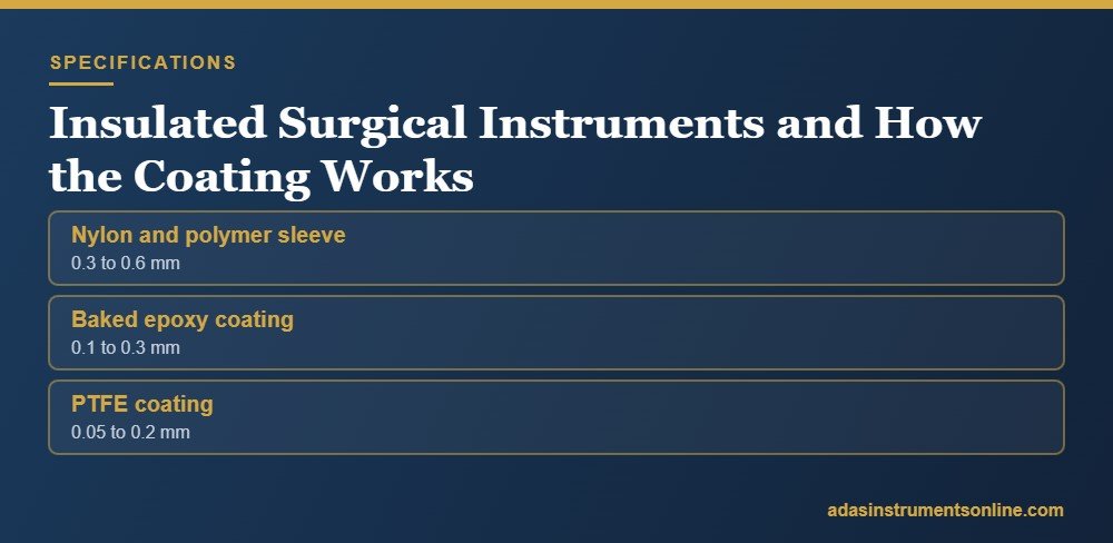 Specification card headed Insulated Surgical Instruments and How the Coating Works, listing nylon and polymer sleeve, baked epoxy coating, ptfe coating