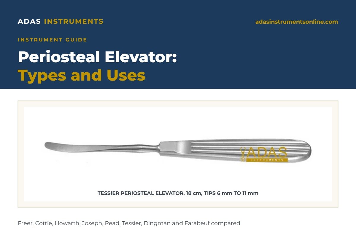 Periosteal elevator guide card by Adas Instruments with a photograph of the Tessier periosteal elevator