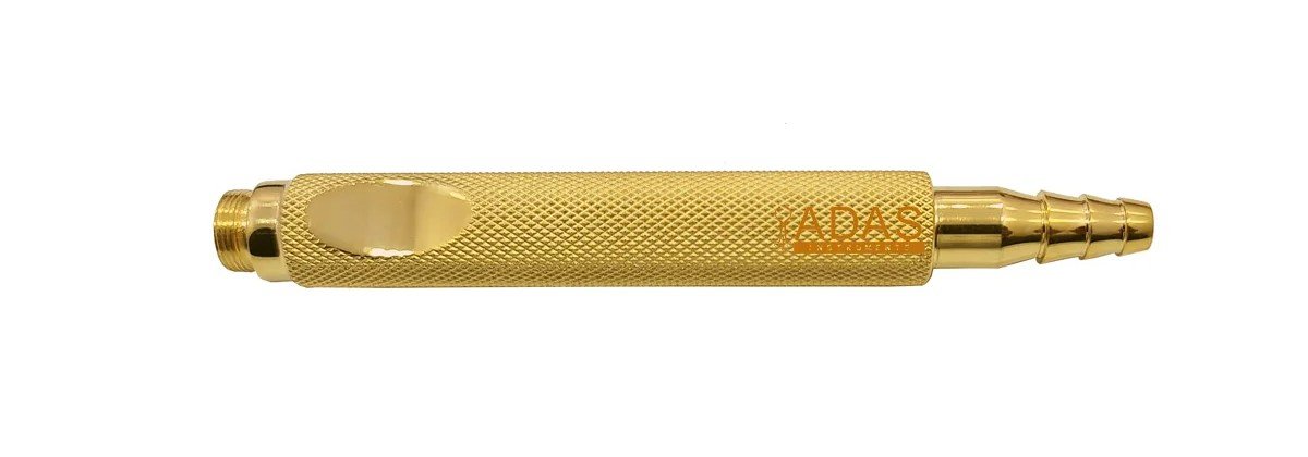 Photograph of the Adas Instruments threaded adaptor handle, a knurled gold plated liposuction cannula handle with a barbed suction end