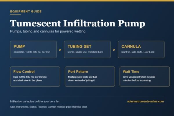 Tumescent infiltration pump setup chart showing pump flow rate, sterile tubing set and blunt infiltration cannula