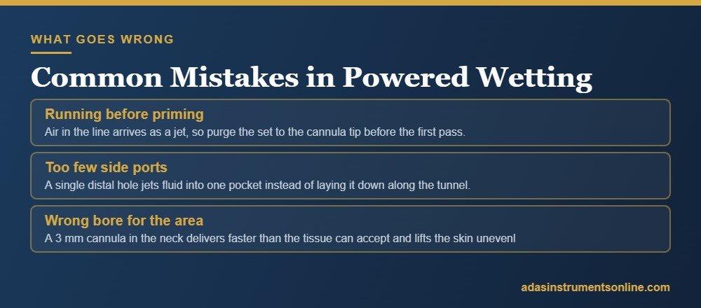 Card listing common mistakes: running before priming, too few side ports, wrong bore for the area