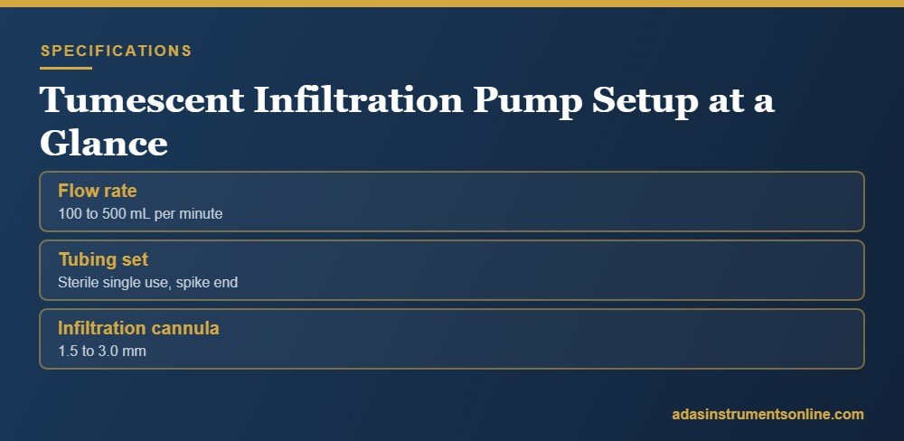 Specification card headed Tumescent Infiltration Pump Setup at a Glance, listing flow rate, tubing set, infiltration cannula