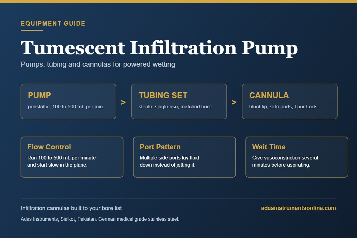 Tumescent infiltration pump setup chart showing pump flow rate, sterile tubing set and blunt infiltration cannula