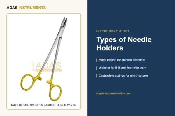 Mayo Hegar needle holder with gold tungsten carbide rings on an Adas Instruments Types of Needle Holders guide card, sizes 14 cm to 27.5 cm