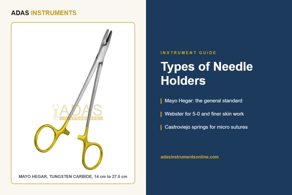 Mayo Hegar needle holder with gold tungsten carbide rings on an Adas Instruments Types of Needle Holders guide card, sizes 14 cm to 27.5 cm