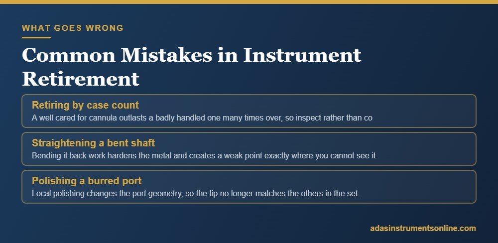 Card listing common mistakes: retiring by case count, straightening a bent shaft, polishing a burred port
