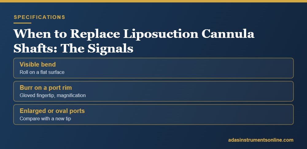 Specification card headed When to Replace Liposuction Cannula Shafts: The Signals, listing visible bend, burr on a port rim, enlarged or oval ports