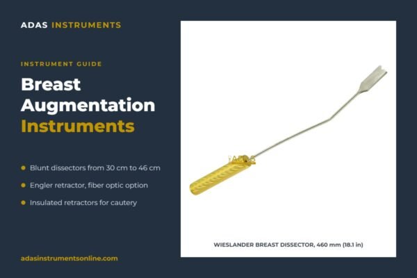 Breast augmentation instruments guide card by Adas Instruments with a photograph of the Wieslander breast dissector
