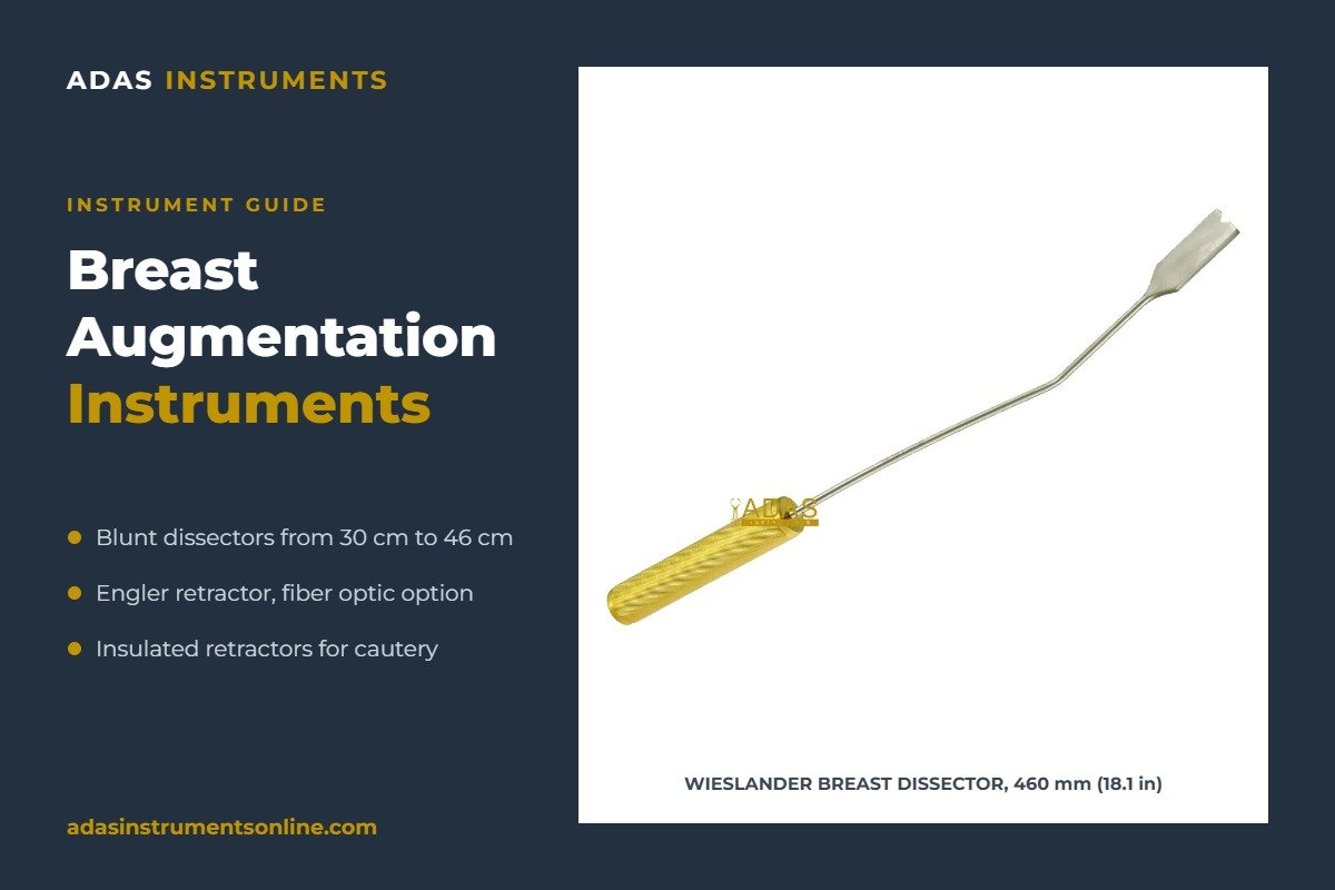 Breast augmentation instruments guide card by Adas Instruments with a photograph of the Wieslander breast dissector