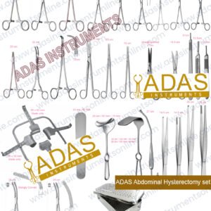 Abdominal hysterectomy instrument set, 85 pieces, with parametrium forceps, Mikulicz clamps, Kirschner and Fritsch retractors and Yankauer suction tube
