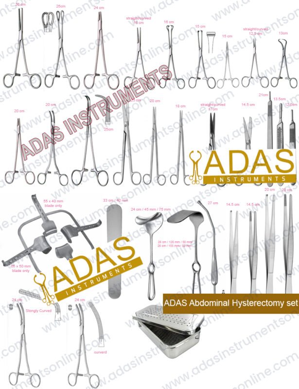 Abdominal hysterectomy instrument set, 85 pieces, with parametrium forceps, Mikulicz clamps, Kirschner and Fritsch retractors and Yankauer suction tube