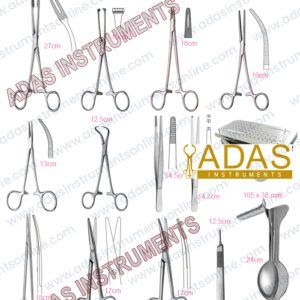 Bartholin cyst excision instrument set, 28 pieces, with Auvard speculum, Allis forceps, Metzenbaum-Nelson scissors and Rochester-Pean forceps