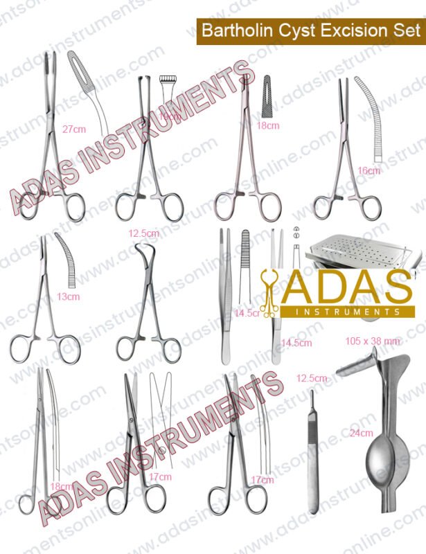 Bartholin cyst excision instrument set, 28 pieces, with Auvard speculum, Allis forceps, Metzenbaum-Nelson scissors and Rochester-Pean forceps