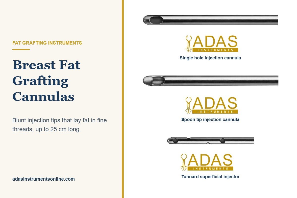 Single hole, spoon tip and Tonnard fat injection cannula tips beside the title Breast Fat Grafting Cannulas