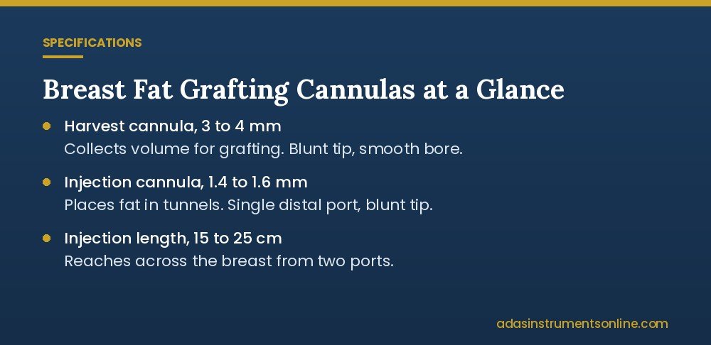 Card listing breast fat grafting cannula sizes: 3 to 4 mm harvest, 1.4 to 1.6 mm injection, 15 to 25 cm length