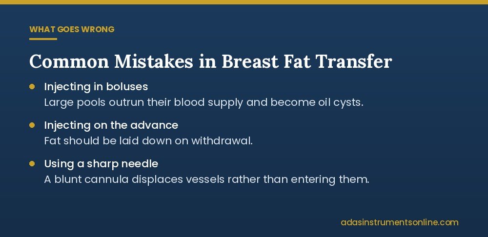 Card listing three mistakes in breast fat transfer: injecting in boluses, injecting on the advance, using a sharp needle