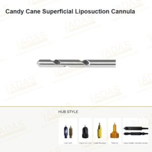 Candy cane superficial liposuction cannula with spiral cut ports behind a closed tip, and the seven hub styles