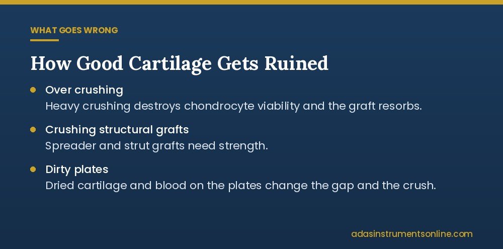 Card listing three graft preparation errors with a cartilage crusher: over crushing, crushing structural grafts, dirty plates