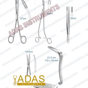 Cervical biopsy instrument set, 6 pieces, with Van Doren biopsy forceps 25 cm, Kristeller specula, Gross-Maier dressing forceps and scissors in a steel box