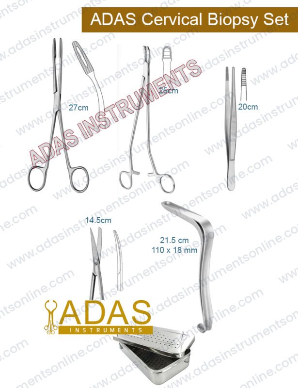 Cervical biopsy instrument set, 6 pieces, with Van Doren biopsy forceps 25 cm, Kristeller specula, Gross-Maier dressing forceps and scissors in a steel box