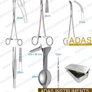 Cervix cauterization instrument set, 11 pieces, with Auvard speculum, four Foerster-Ballenger sponge forceps, Overholt forceps and Mayo-Hegar needle holder
