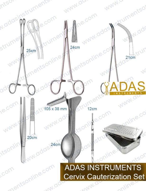 Cervix cauterization instrument set, 11 pieces, with Auvard speculum, four Foerster-Ballenger sponge forceps, Overholt forceps and Mayo-Hegar needle holder